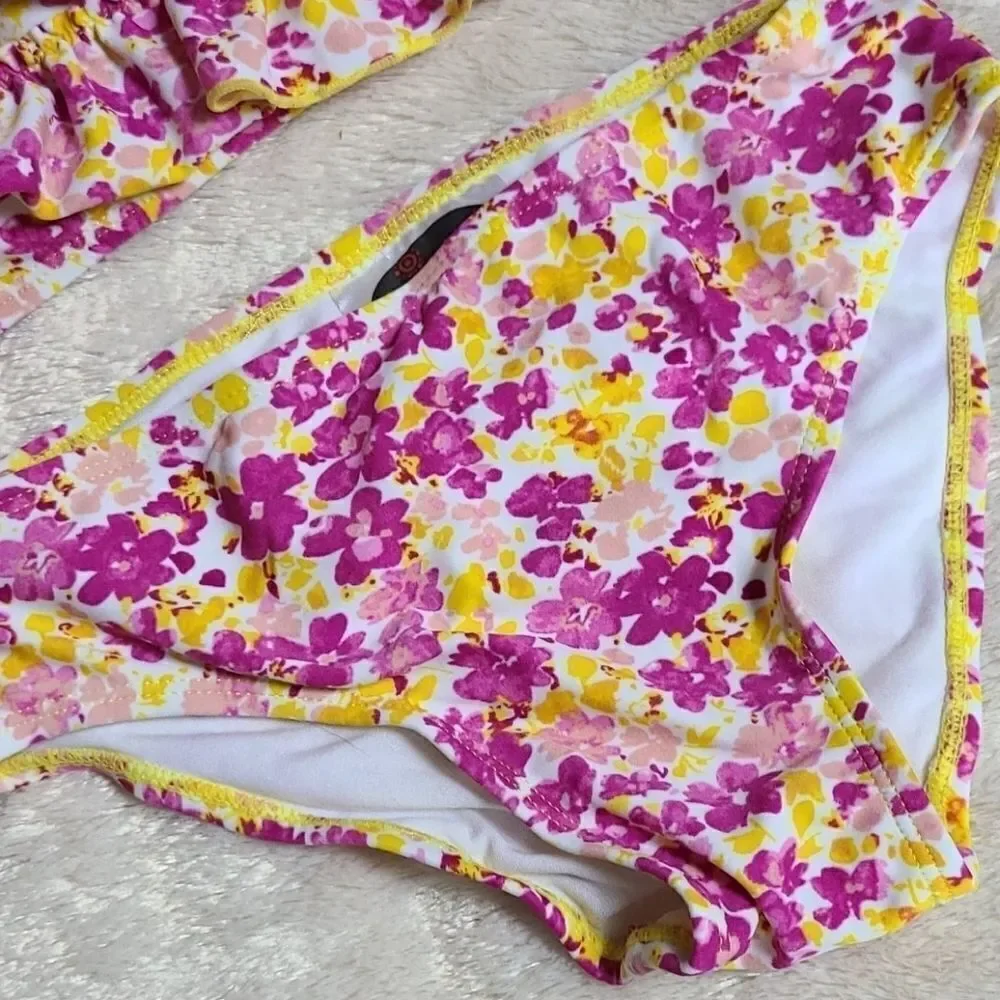 Coastalista Floral Bikini Swimsuit Set Girls Yellow Pink Ruffle Swimwear 4 6